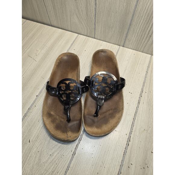 Tory Burch Style MILLER CLOUD Black Patent Leather Cork Thong Sandal Size 6.5 - Picture 2 of 10